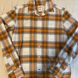 GAP Men's White and Orange Plaid Shirt